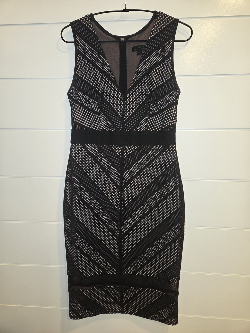 le chateau Black Sleeveless Mesh Chevron Midi Dress